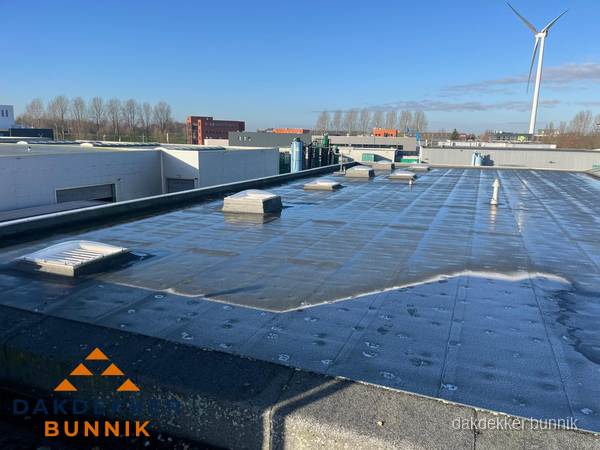 Plat dak bedrijfspand met bitumen dakbedekking en lichtkoepels in Bunnik