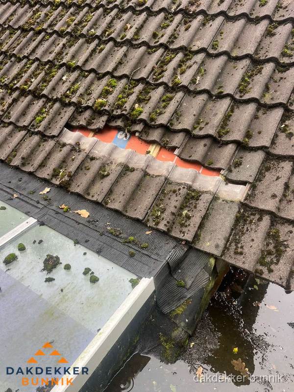 Beschadigd pannendak met ontbrekende dakpannen voor reparatie in Bunnik Beschadigd pannendak met ontbrekende dakpannen voor reparatie in Bunnik