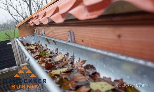Dakgoot vol bladeren die gereinigd moet worden in Bunnik